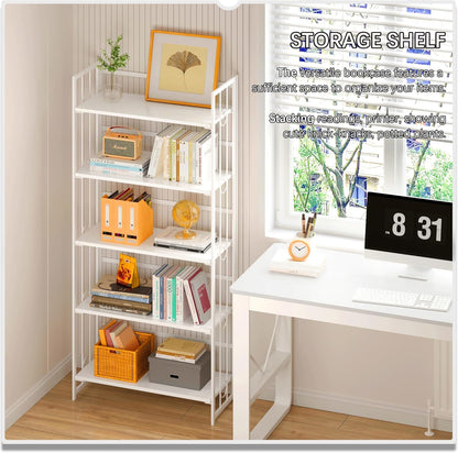4NM No Assembly 5 Tiers Folding Bookshelf, 59.4" H Foldable Storage Shelves Vintage Bookcase