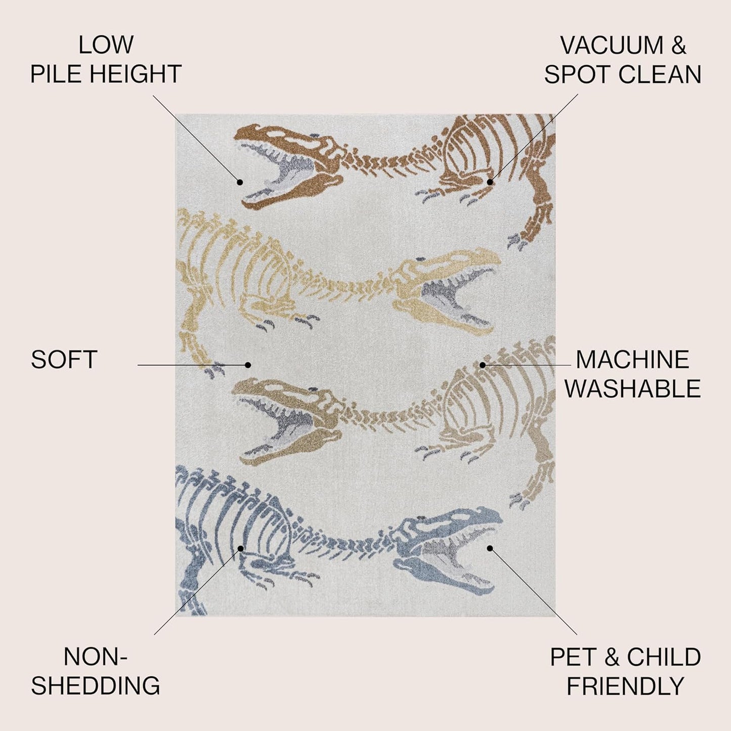 JONATHAN Y Machine-Washable Cream/Multi Indoor Area Rug, 8x10, Kingdarr T-Rex Modern, Casual, Kids