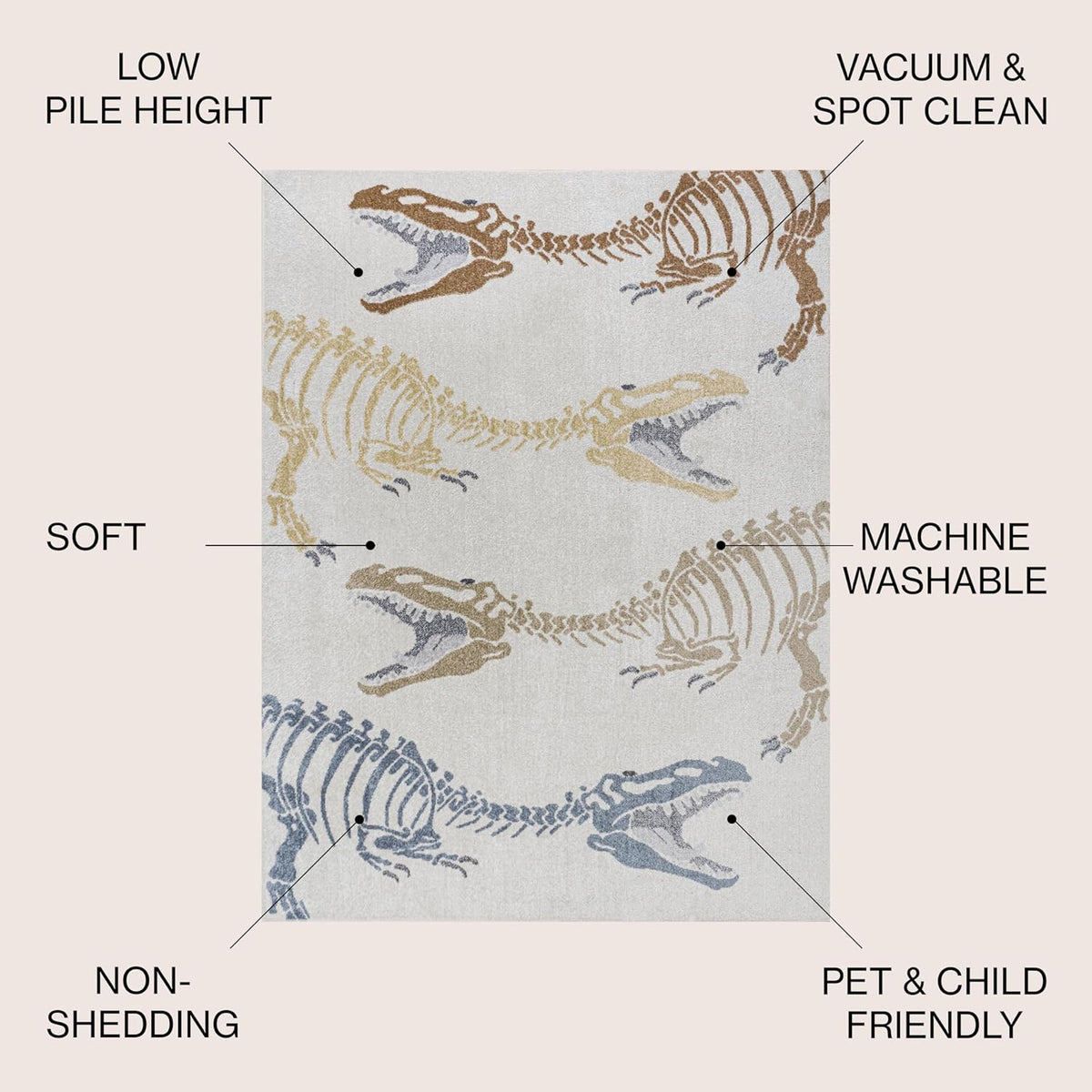 JONATHAN Y Machine-Washable Cream/Multi Indoor Area Rug, 8x10, Kingdarr T-Rex Modern, Casual, Kids