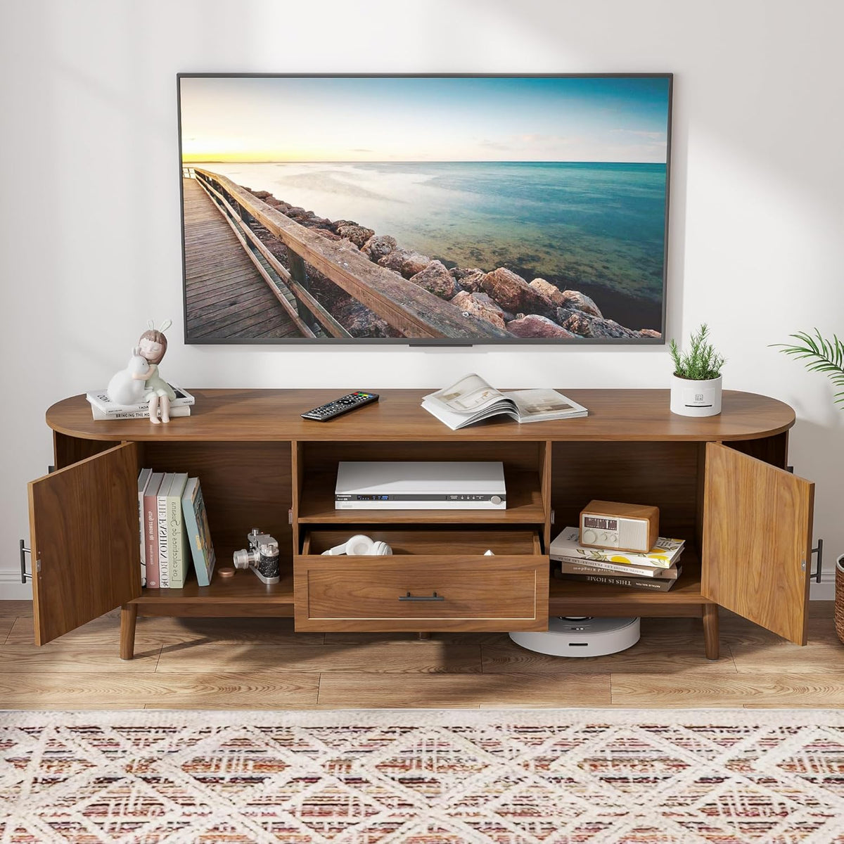 70" Fluted TV Stand for Tvs up to 80", Mid-Century Modern Entertainment Center with Drawers and