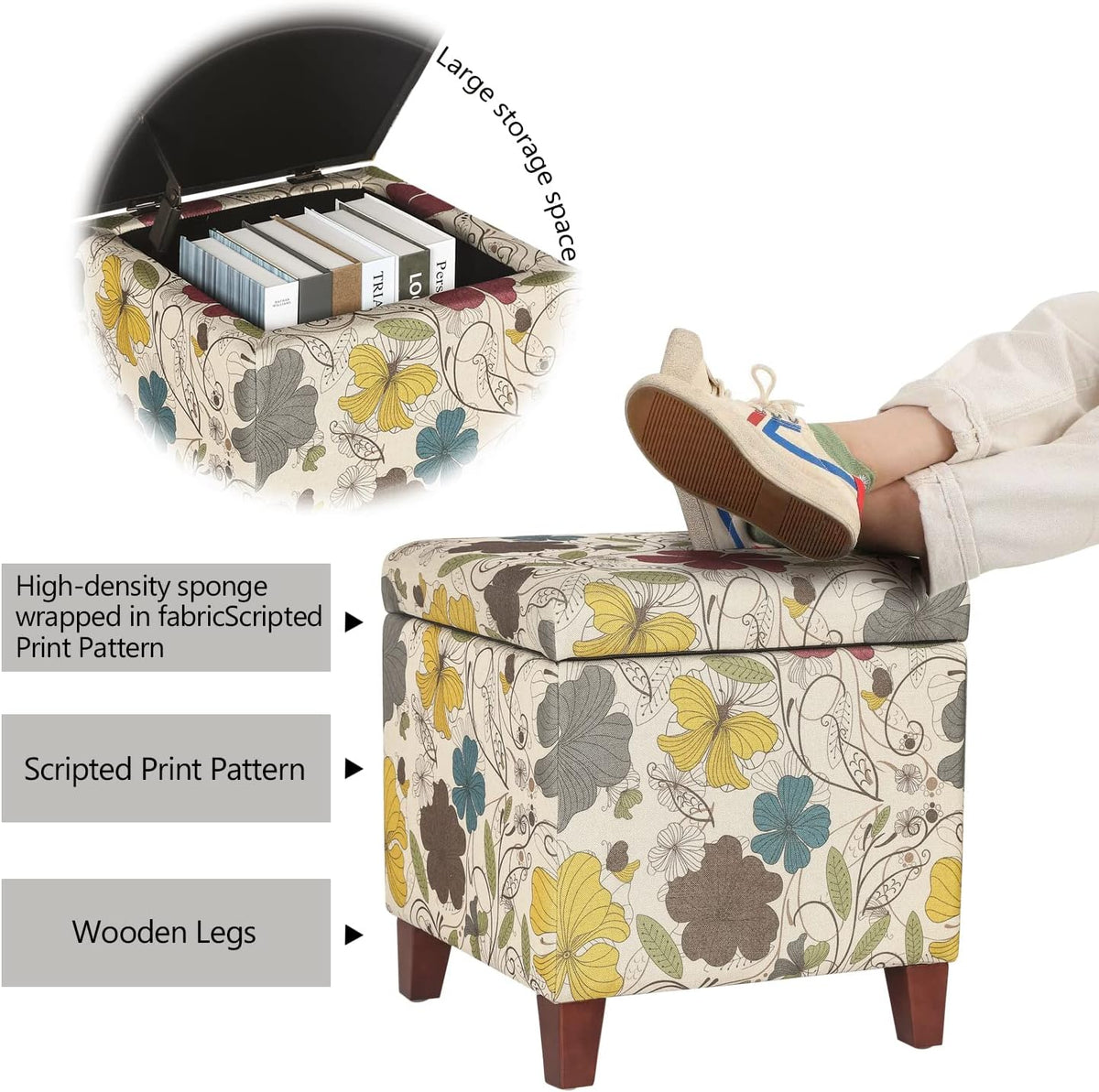 Adeco 18 Inch High Cube Ottoman Storage, Floral Printed Linen Chair Foot Stools, Upholstered Vanity