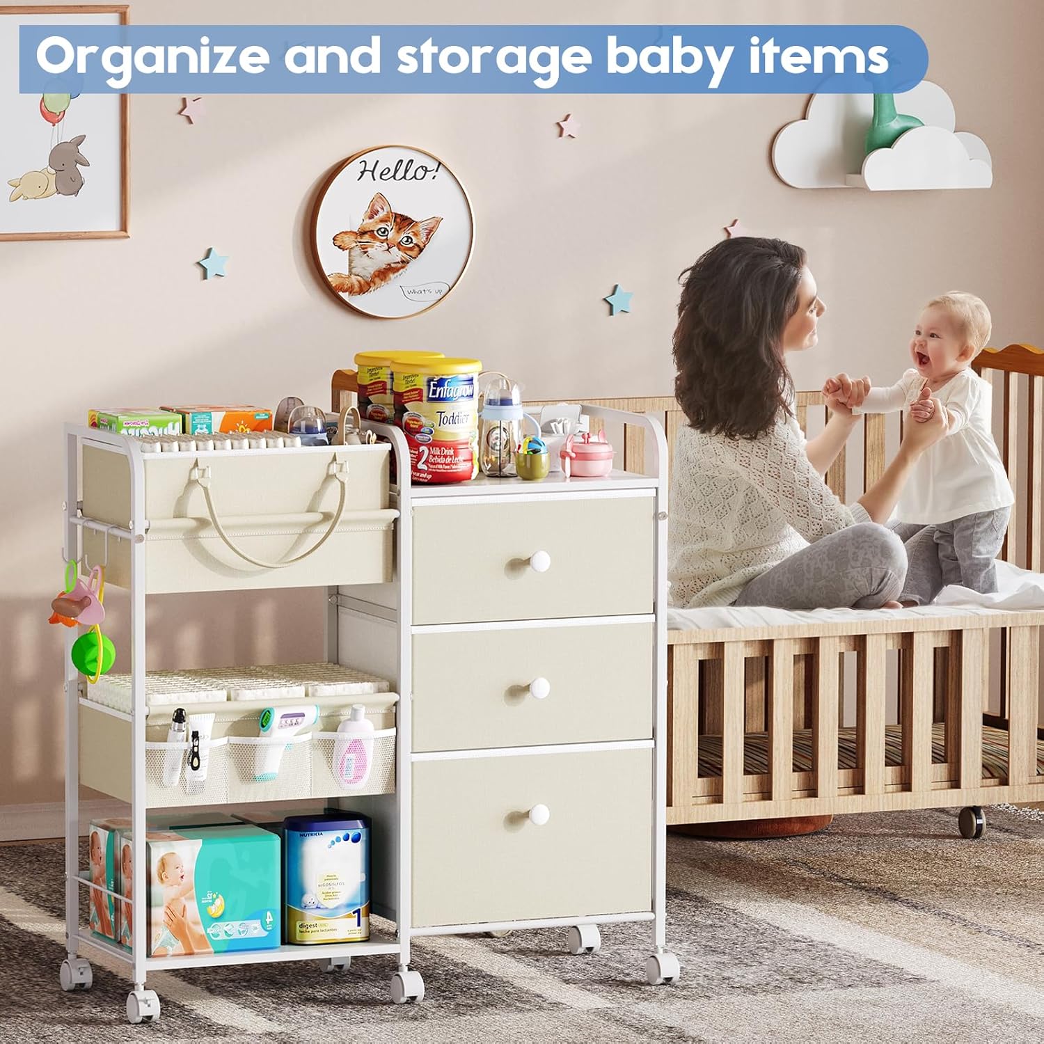 2In1 Baby Diaper Caddy Organizers and Storage, 3 Tier Rolling Cart with Dividers and Drawers