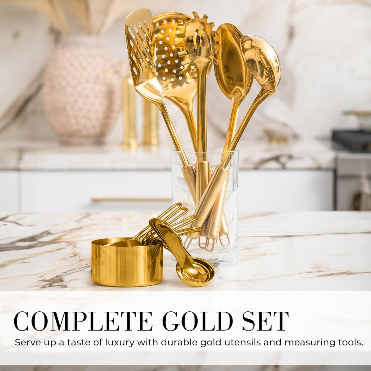Gold Cooking Utensils with Measuring Cups and Spoons Set - 13-Piece Luxury Gold Kitchen Accessories