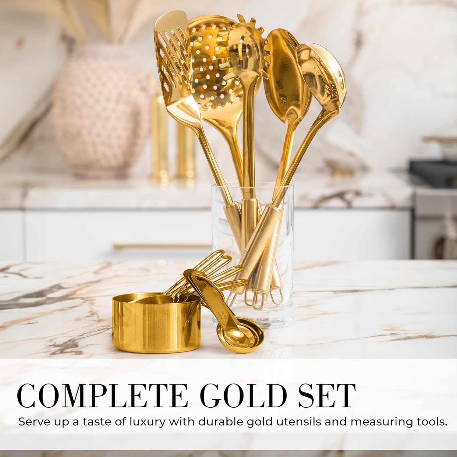 Gold Cooking Utensils with Measuring Cups and Spoons Set - 13-Piece Luxury Gold Kitchen Accessories