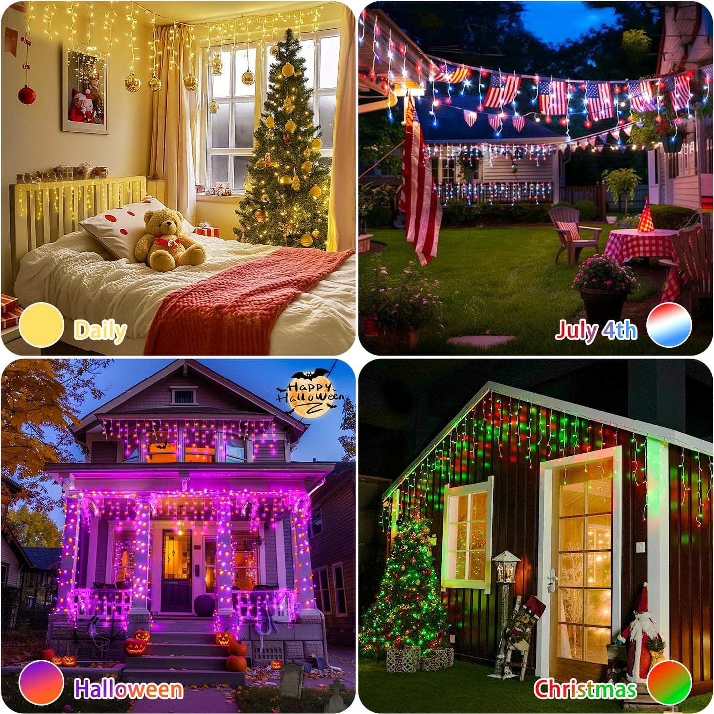 JMEXSUSS 400 LED RGB Icicle Lights - Color Changing, Plug-in for Indoor/Outdoor Christmas