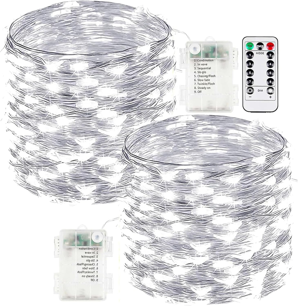2-Pack Fairy Lights Battery Operated with Remote, Waterproof 66FT 200 LED Battery String Lights