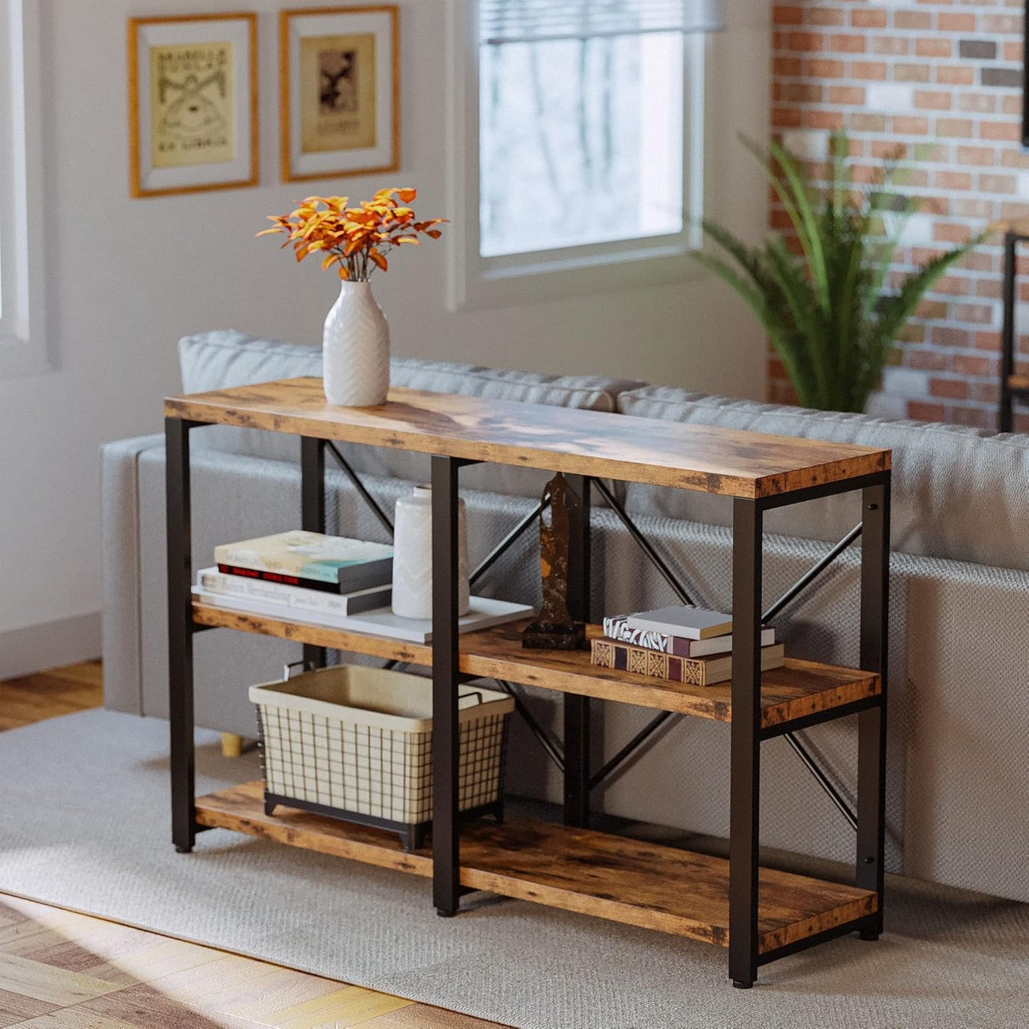 IRONCK Rustic Entryway Console Table, Long Hallway Table 47 in 3-Tier, TV Stand Entertainment