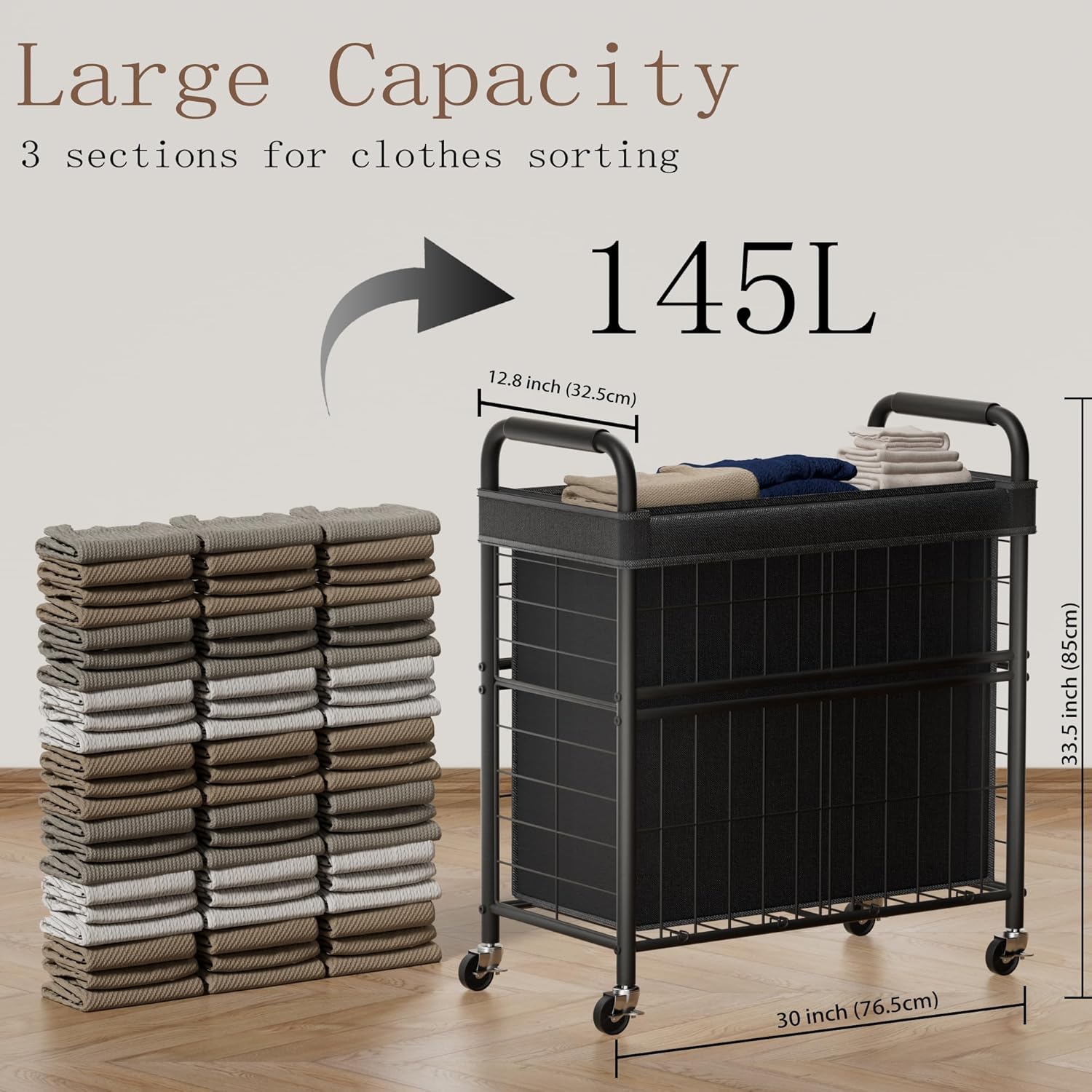 Laundry Hamper 3 Section, 145L Rolling Laundry Sorter Basket with Wheels, 3 Compartment Clothes
