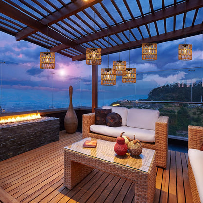 Livinlarge Solar Chandelier Lantern,Outdoor Rattan Pendant Lights,Waterproof Boho Hanging Lamps
