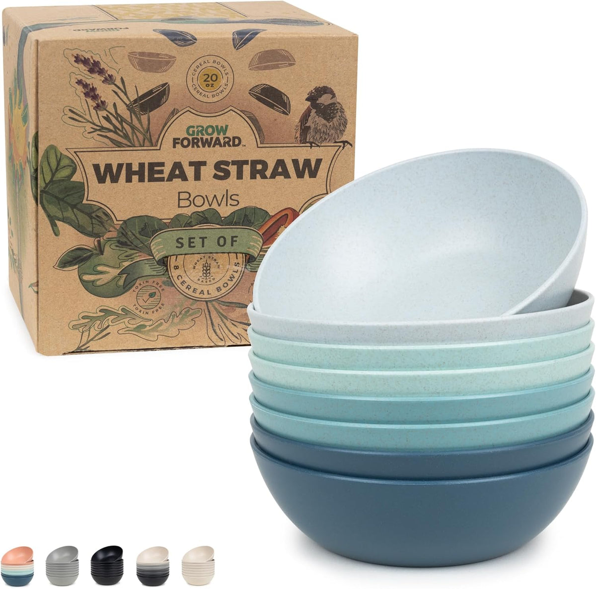 Grow Forward Premium Wheat Straw Bowls - 20oz Microwave Safe Plastic Cereal Bowls Set of 8 for