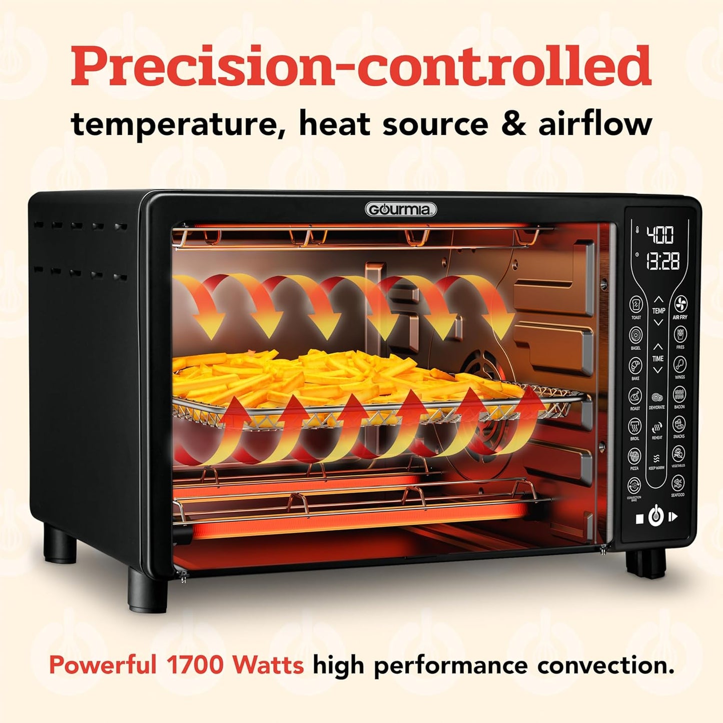 Gourmia Toaster Oven Air Fryer Combo 17 cooking presets 1700W french door digital air fryer oven