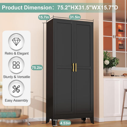 Metal Pantry Cabinet with 2 Doors and 5 Adjustable Shelves, 75" Kitchen Storage cabinets with Gold