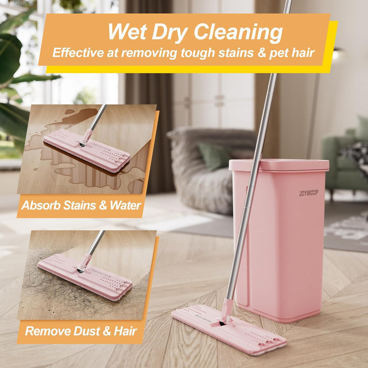 JOYMOOP Pink Mop and Bucket with Wringer Set for Home, with 5 Reusable Microfiber Mop Pads