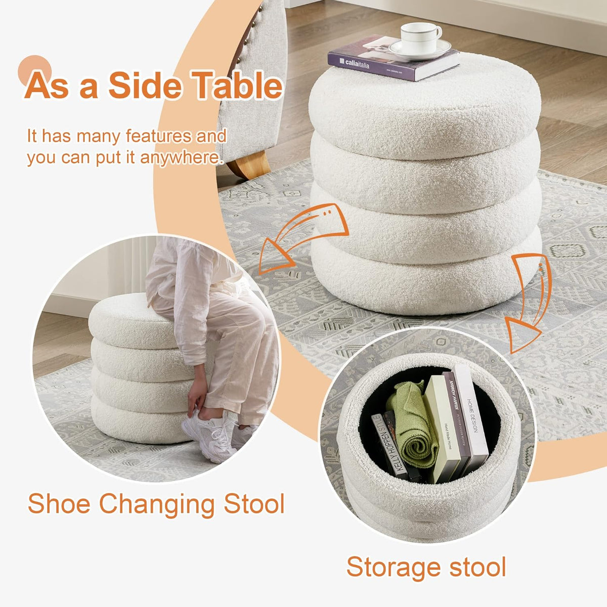 ONEVOG 20" Round Storage Ottoman with Removable Lid, Off-White Boucle Fabric Footrest Pouf, Sherpa