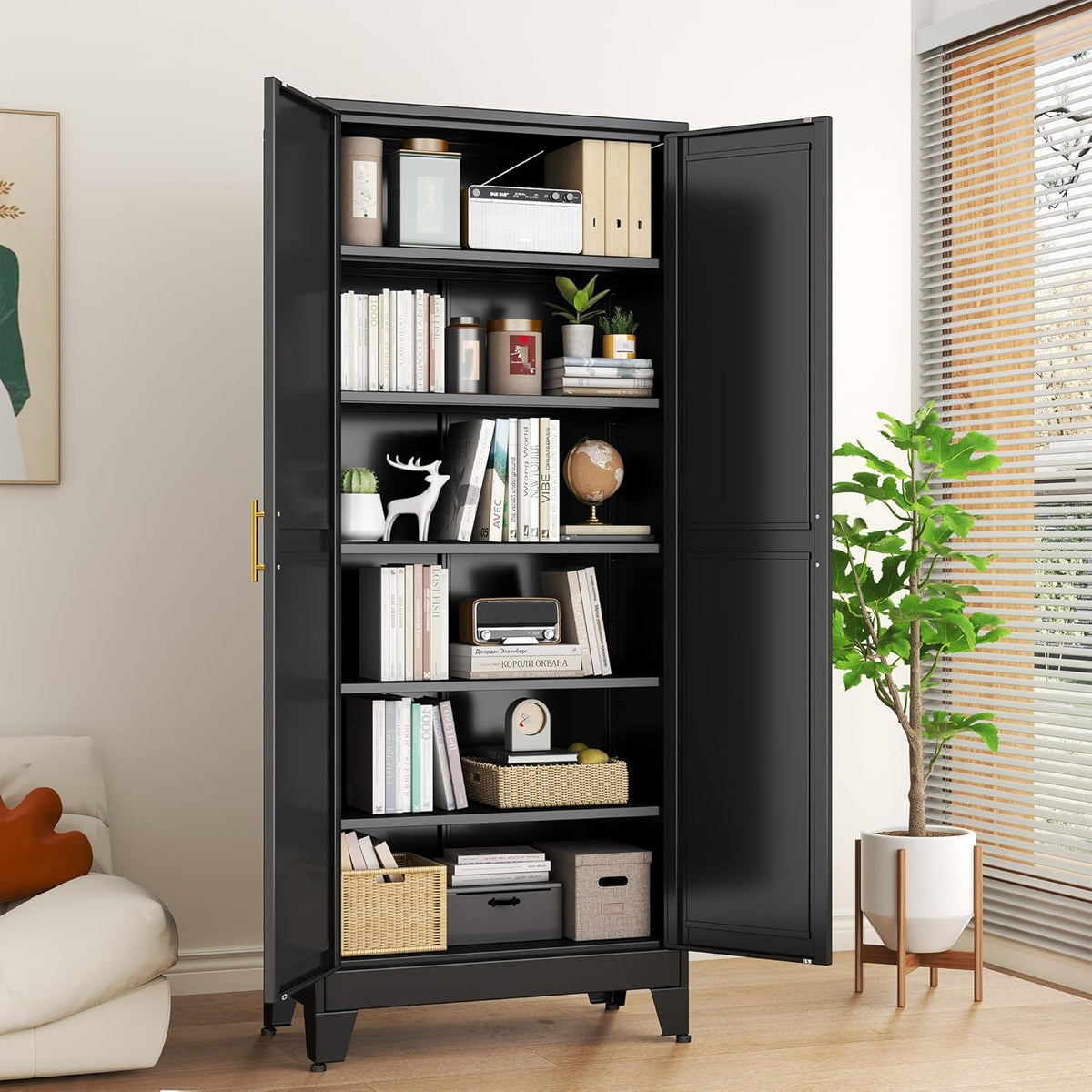 Black Metal Storage Cabinet,75" Steel Cabinets for Home Office, Kitchen Pantry Storage Cabinet with