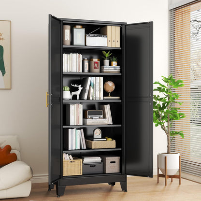 Black Metal Storage Cabinet,75" Steel Cabinets for Home Office, Kitchen Pantry Storage Cabinet with