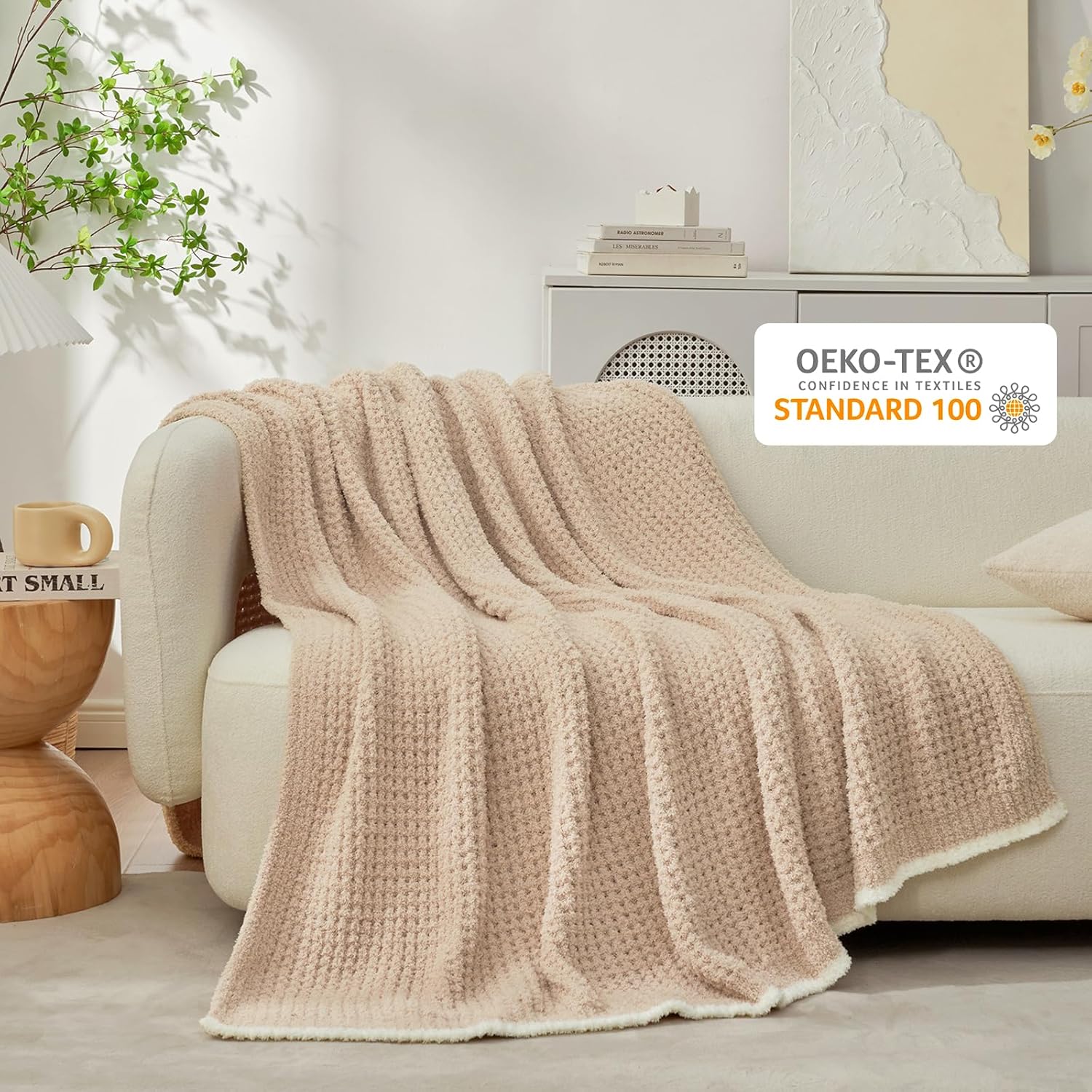Snuggle Sac Waffle Throw Blanket for Couch Bed Sofa 50x60 inches, Reversible Beige Blanket