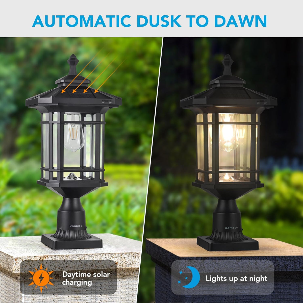 Kemeco Solar Post Light Outdoor, ST4338Q Dusk to Dawn Post Lamp Solar Powered with Pier Mount Base