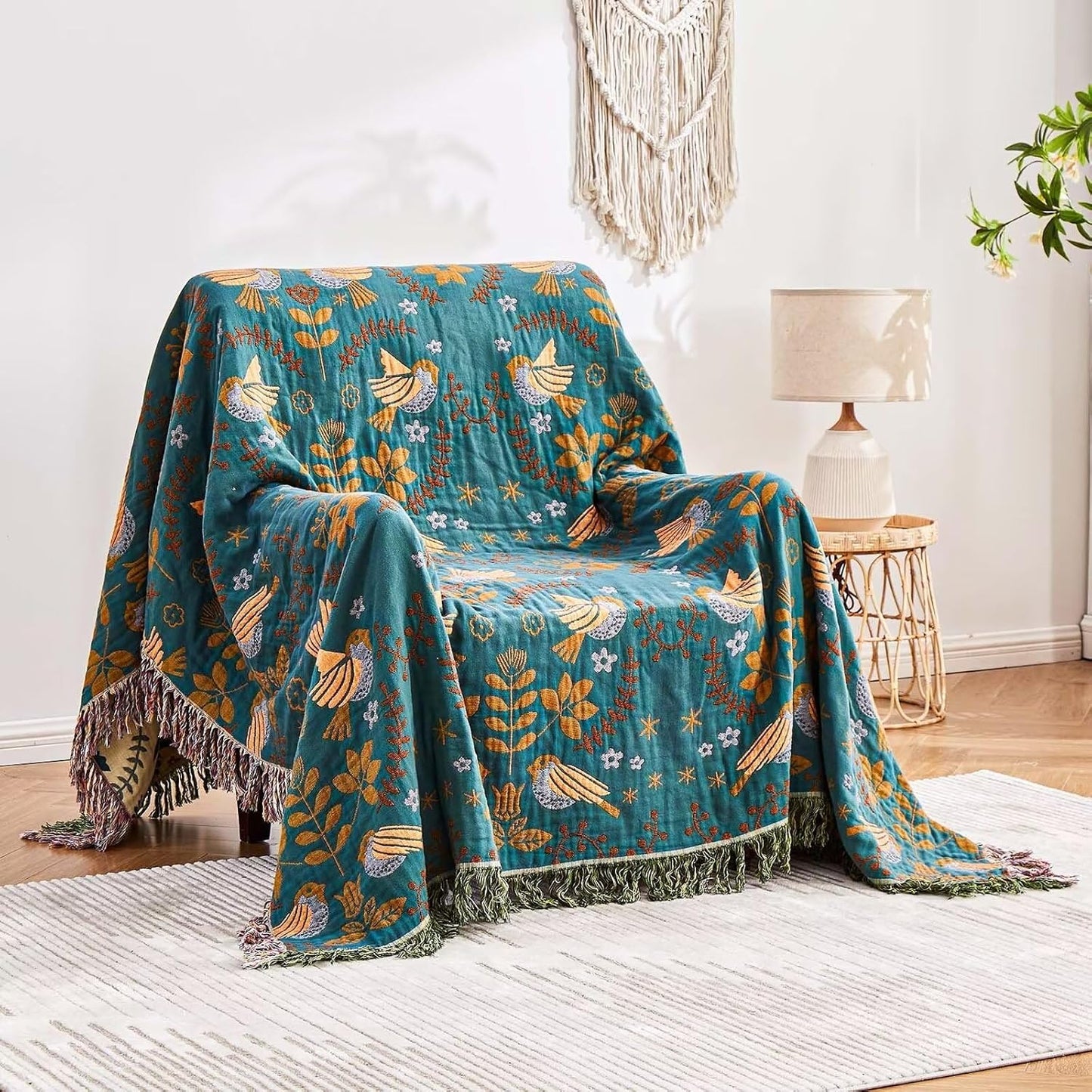 Boho Throw Blanket, 100% Cotton Ultra Soft Luxury Throw Rustic Quilt, 60"x80" Floral Printed
