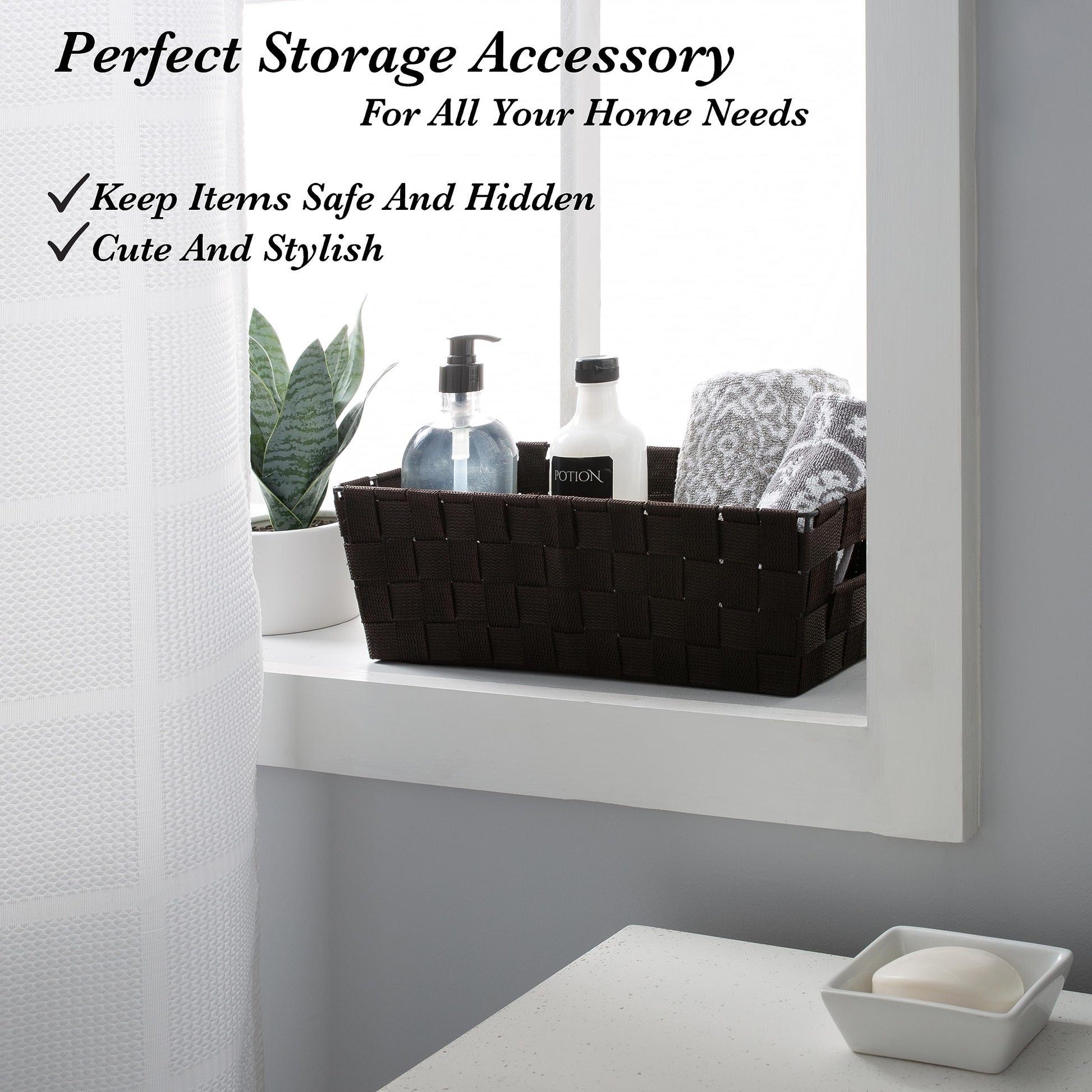 Simplify Extra Long Shelf Woven Strap Tote | Decorative Storage Basket | Built in Handles |