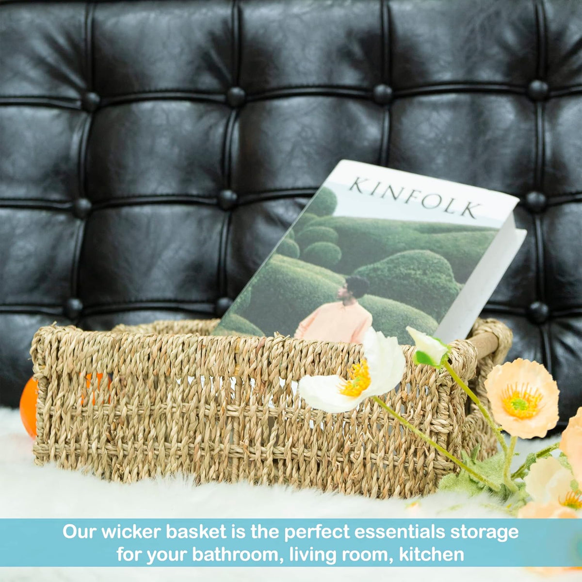 Natural Seagrass Storage Basket with Handle, Rectangular Woven Organizer Bin for Living Room or