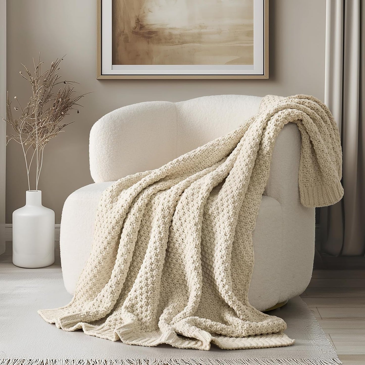 Chunky Chenille Knit Throw Blanket for Couch, Soft Luxurious Moss Stitch Blankets for Bed, Cozy