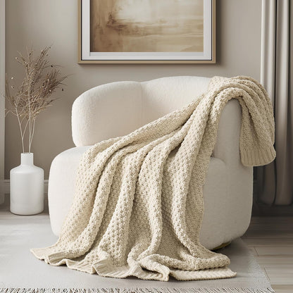 Chunky Chenille Knit Throw Blanket for Couch, Soft Luxurious Moss Stitch Blankets for Bed, Cozy
