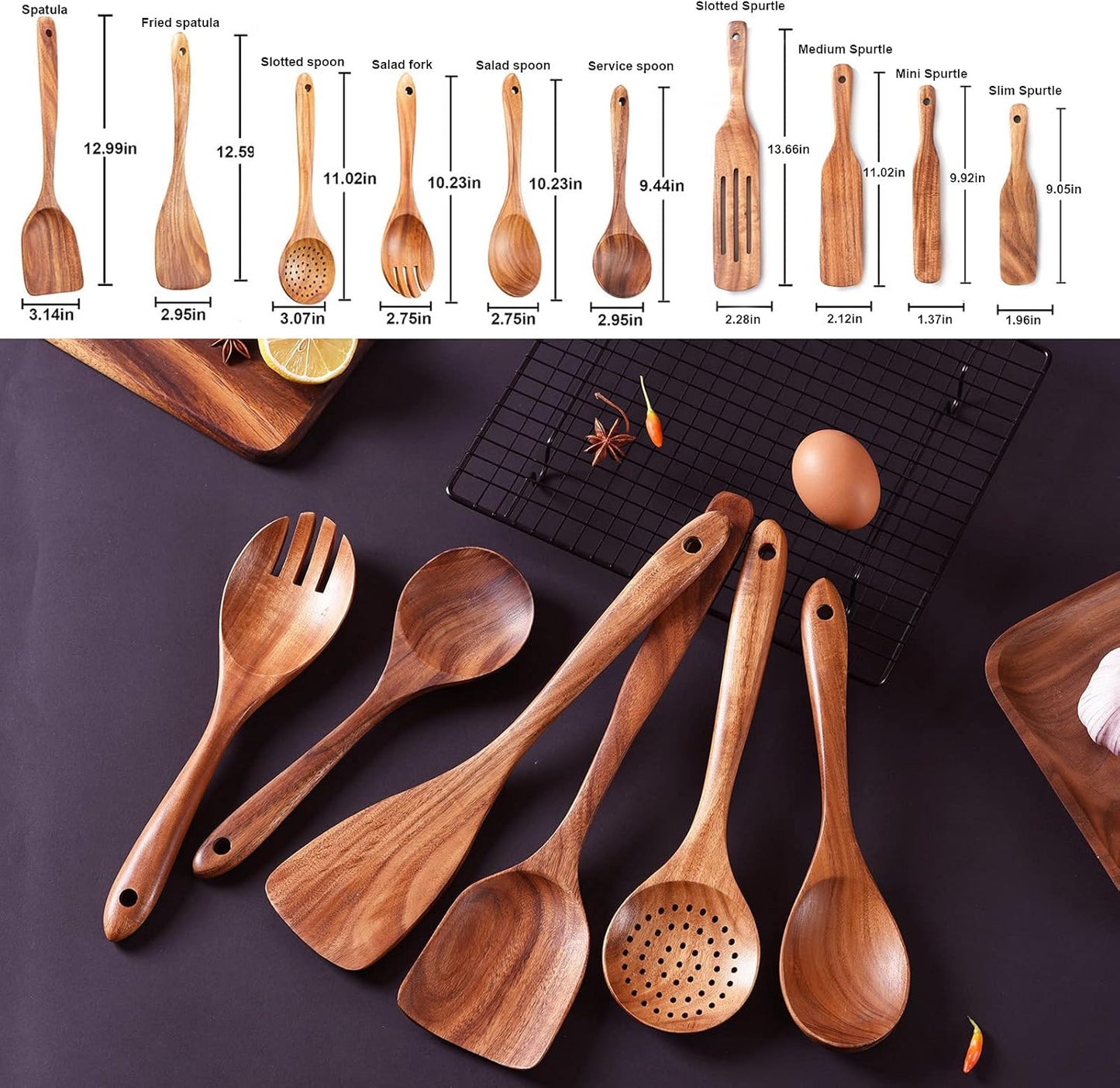Wooden Spoons for Cooking,GUDAMAYE 10 PCS Wooden Kitchen Utensils Set,Wooden Cooking Utensils For