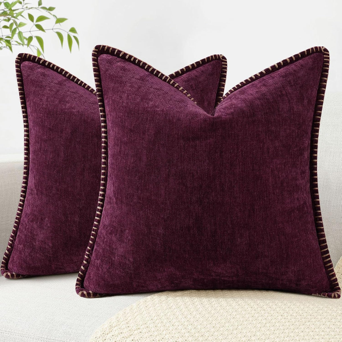 decorUhome Chenille Soft Throw Pillow Covers 24x24 Set of 2, Farmhouse Velvet Neutral Decorative
