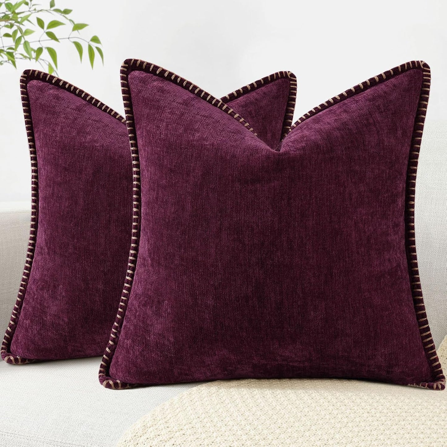 decorUhome Chenille Soft Throw Pillow Covers 22x22 Set of 2, Farmhouse Velvet Neutral Decorative