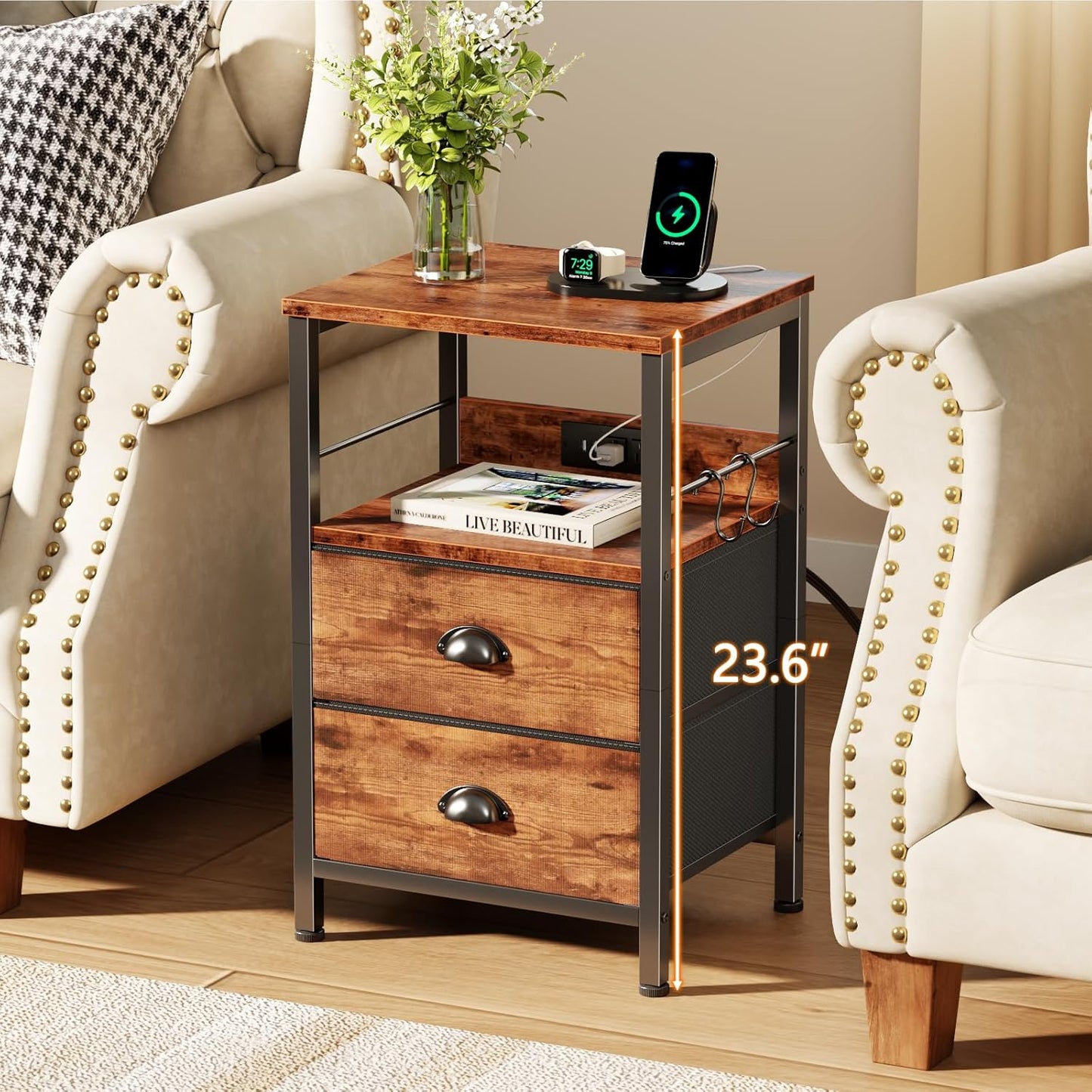 Furologee End Table with Charging Station, Nightstand with Fabric Drawers, Side Table with USB