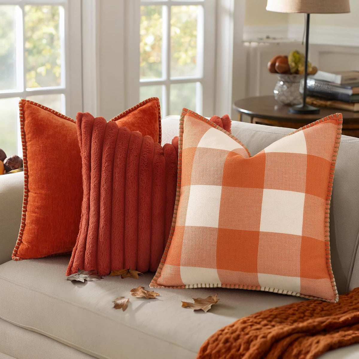 decorUhome Fall Orange and White Decorative Throw Pillow Covers 18x18 Set of 2, Buffalo Plaid Check