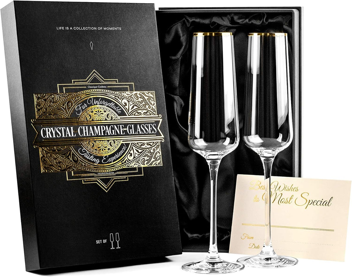 Gold Rim Champagne Gift Glasses | Set of 2 | Crystal Square Toasting Flutes for Bride and Groom