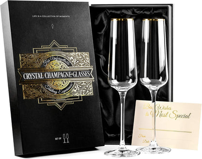 Gold Rim Champagne Gift Glasses | Set of 2 | Crystal Square Toasting Flutes for Bride and Groom