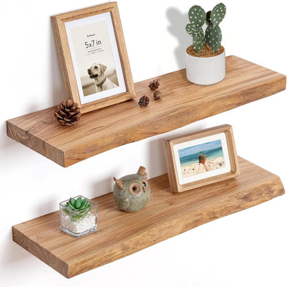 Floating Shelves for Wall, 24"x9.3" Rustic Solid Live-Edge Elm Wood Wall Shelves, Heavy-Duty