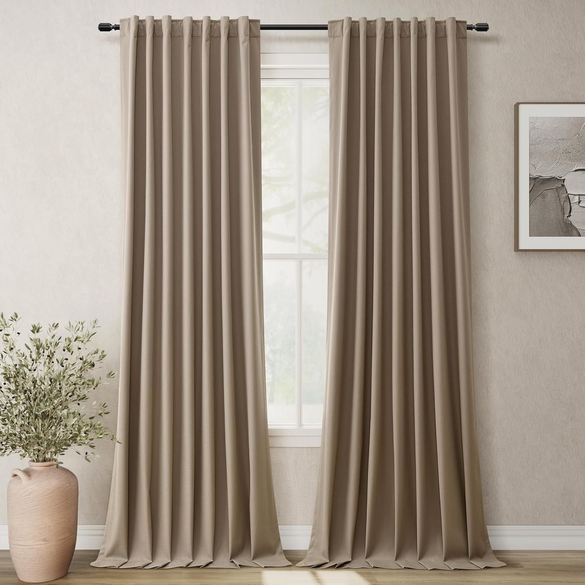 BOODII 100 Inch Blackout Curtains 2 Panels Set Back Tab Thermal Insulated Light Brown Linen