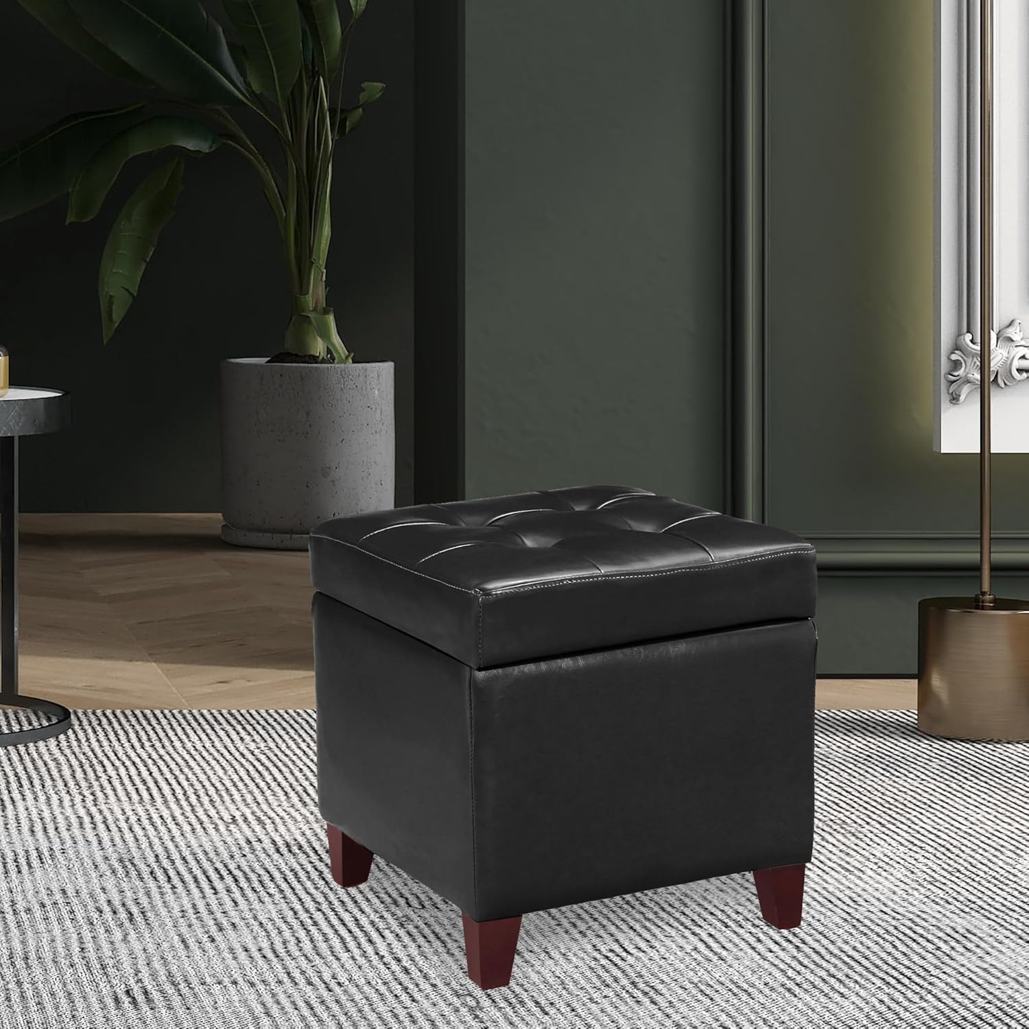 Adeco Storage Ottoman Foot Rest Stool, Leather Ottoman Footstool with Wood Legs and Hinged Lid, 18"