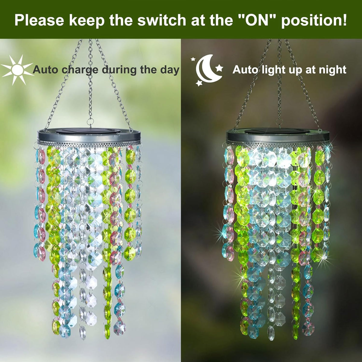 Hanging Solar Lantern Outdoor, 2 Tiers 21” Solar Multicolor Acrylic Beaded Chandelier with Cool