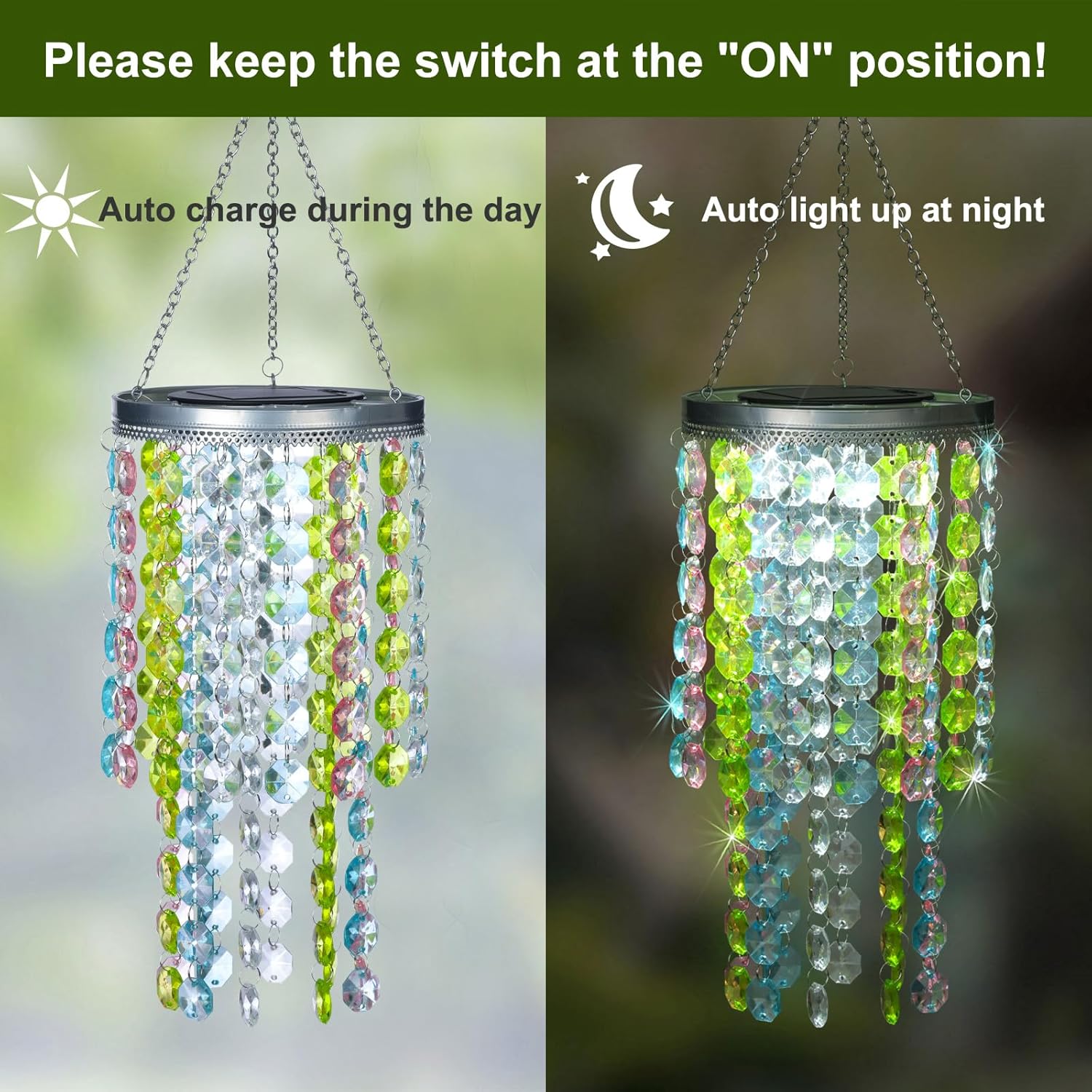 Hanging Solar Lantern Outdoor, 2 Tiers 21” Solar Multicolor Acrylic Beaded Chandelier with Cool
