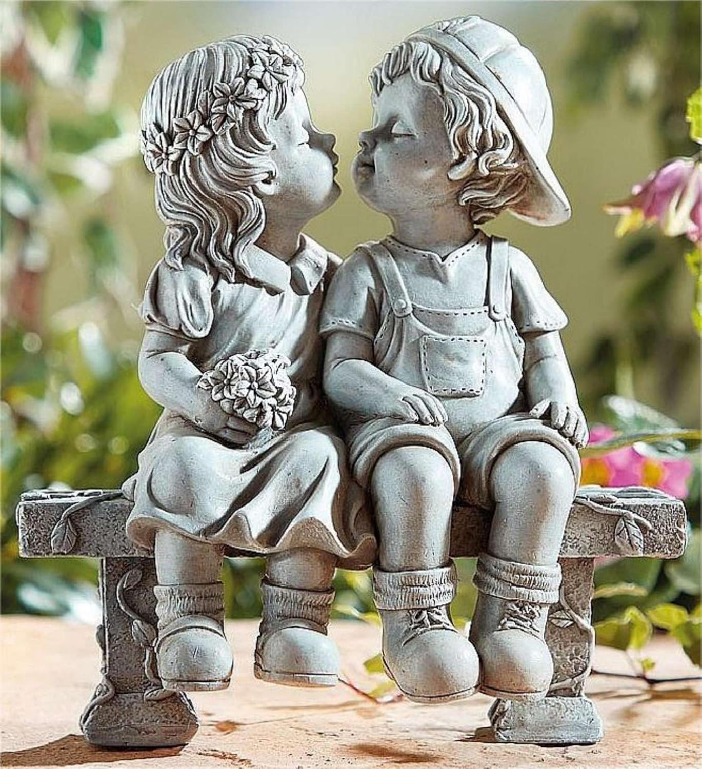 Elenon Boy and Girl Garden Statue Outdoor Decorative, Couple First Kiss Garden Sculpture for Yard