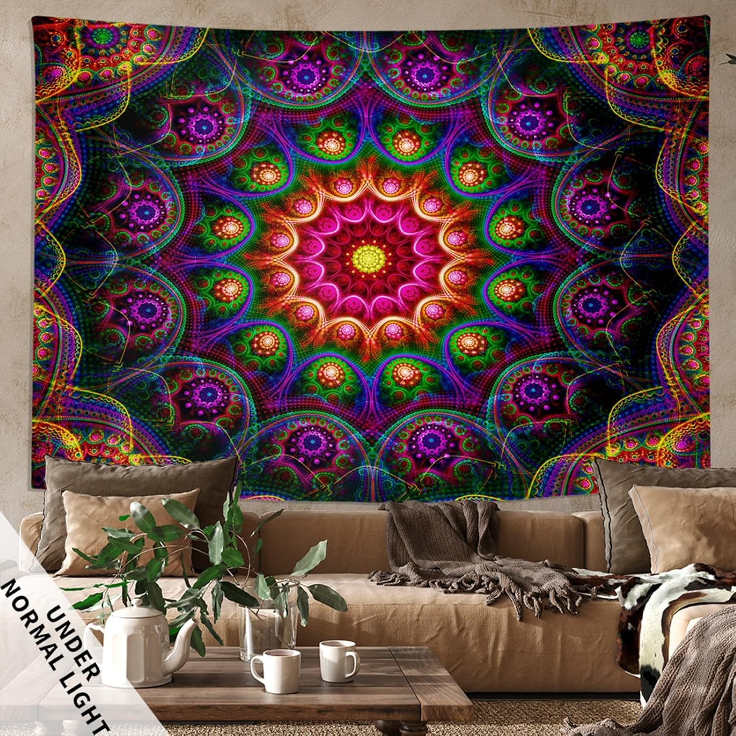 Blacklight Trippy Mandala Tapestry, Boho Black Light Posters for Adults UV Reactive Room Decor for