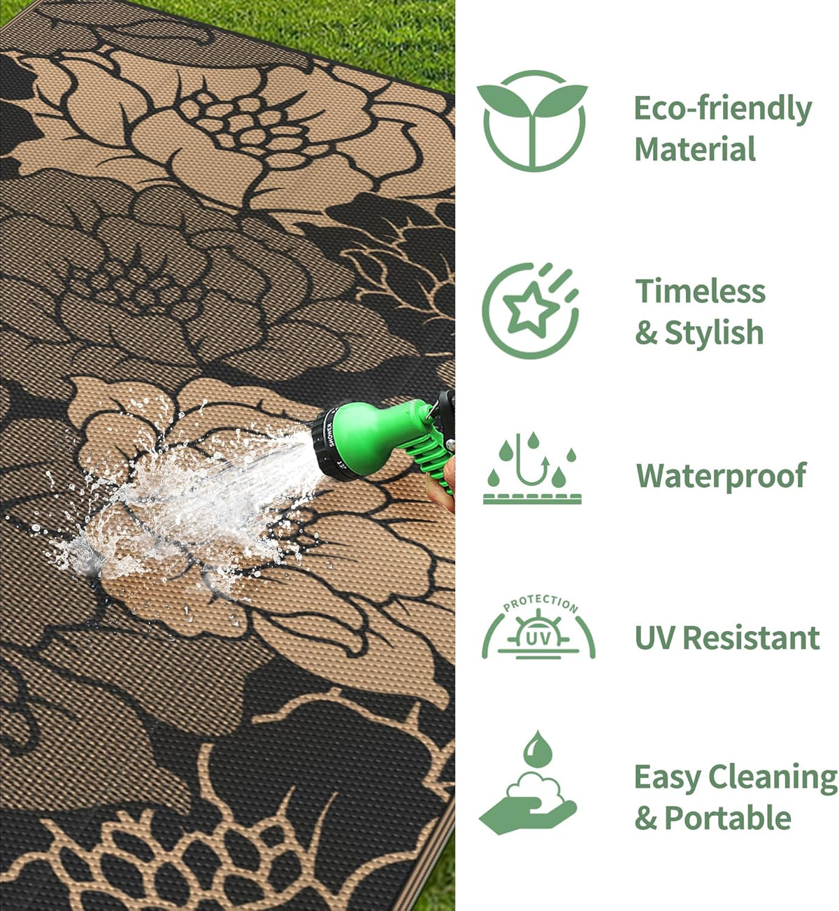 GENIMO Outdoor Rug Waterproof for Patio Decor, 8' x 10' Reversible Plastic Straw Floral Camping