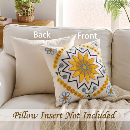 Embroidered Throw Pillow Cover 18x18 Classic Boho Floral Pattern Pillows Cover Outdoor Decorative