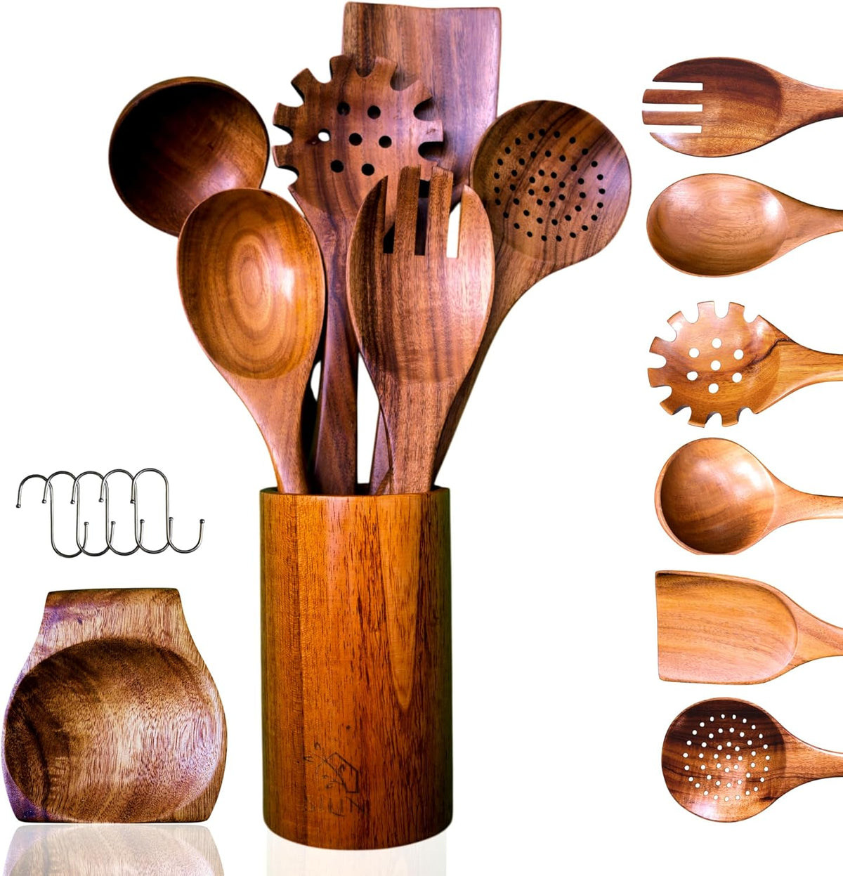 Wooden Spoons for Cooking - 8 Piece Natural Teak Kitchen Utensil Set Non Toxic - Teak Wooden