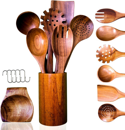 Wooden Spoons for Cooking - 8 Piece Natural Teak Kitchen Utensil Set Non Toxic - Teak Wooden