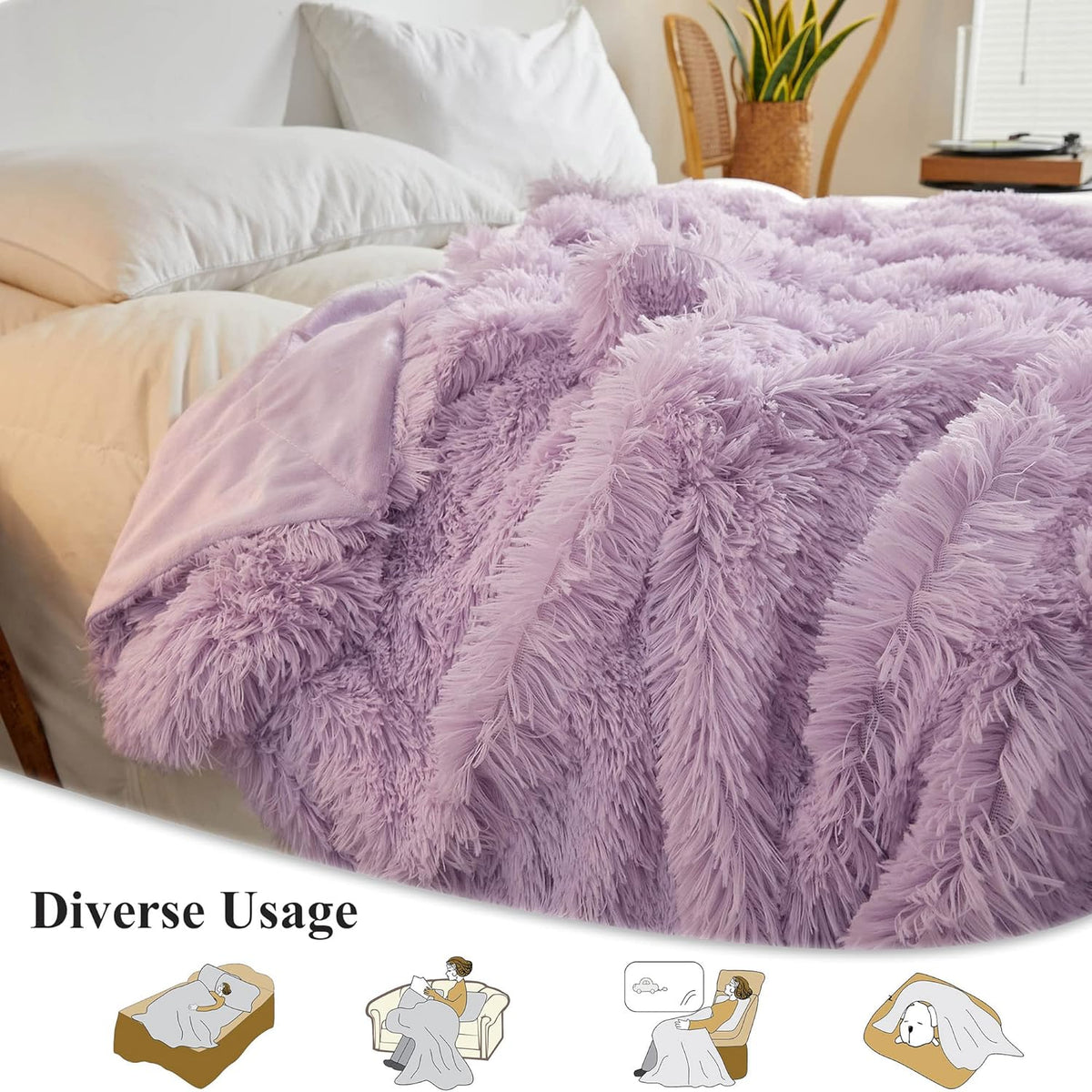XeGe Luxury Faux Fur Throw, Light Purple Soft 50x60 Fluffy Blanket, Shaggy Plush Decorative Couch