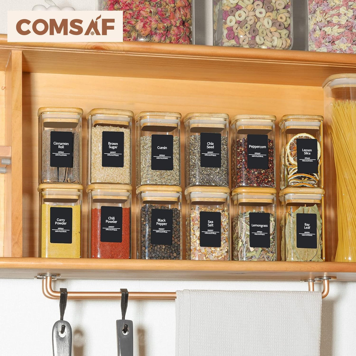 ComSaf Spice Jars with Labels 8 oz 16Pack, Small Spice Containers Starter Set, Glass Seasoning Jars