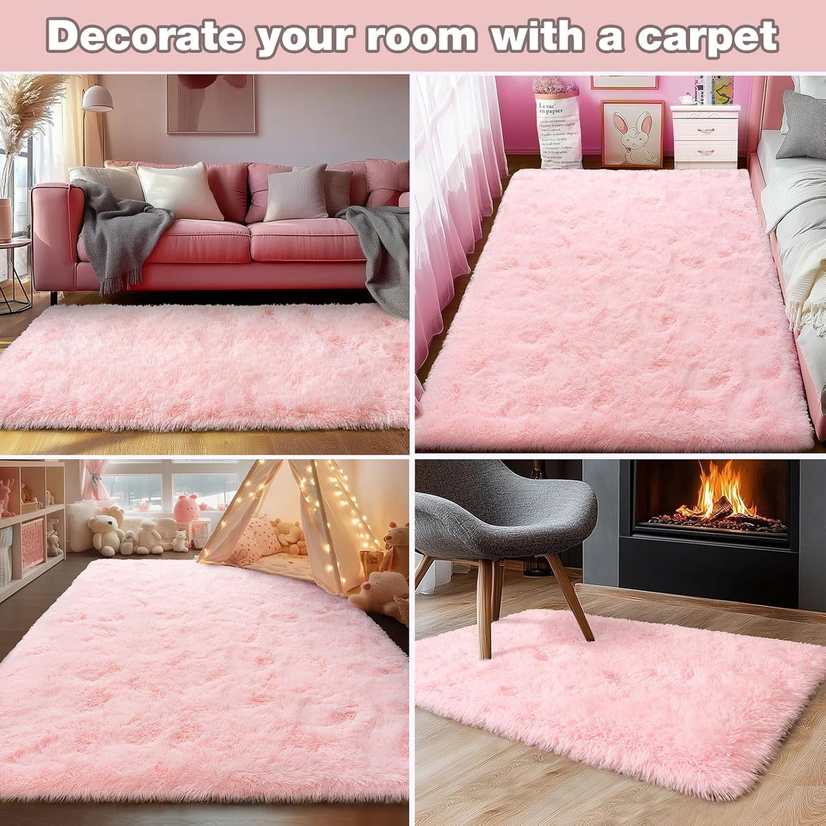 Rezutan Extra Large Fluffy Area Rug for Bedroom Living Room, 9x12 Feet Pink Modern Indoor Carpets
