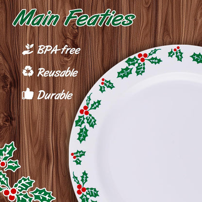 WDF 350pcs Christmas Plates and Napkins Set - Exquisite Holly Design - Christmas Dinnerware Set of