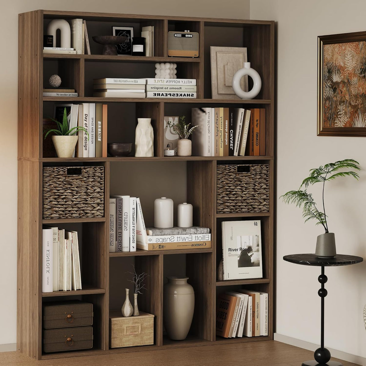 71” Tall Wooden Bookcase 6-Tier Large Bookshelves with 2 Woven Baskets, 55" Wide Floor Standing